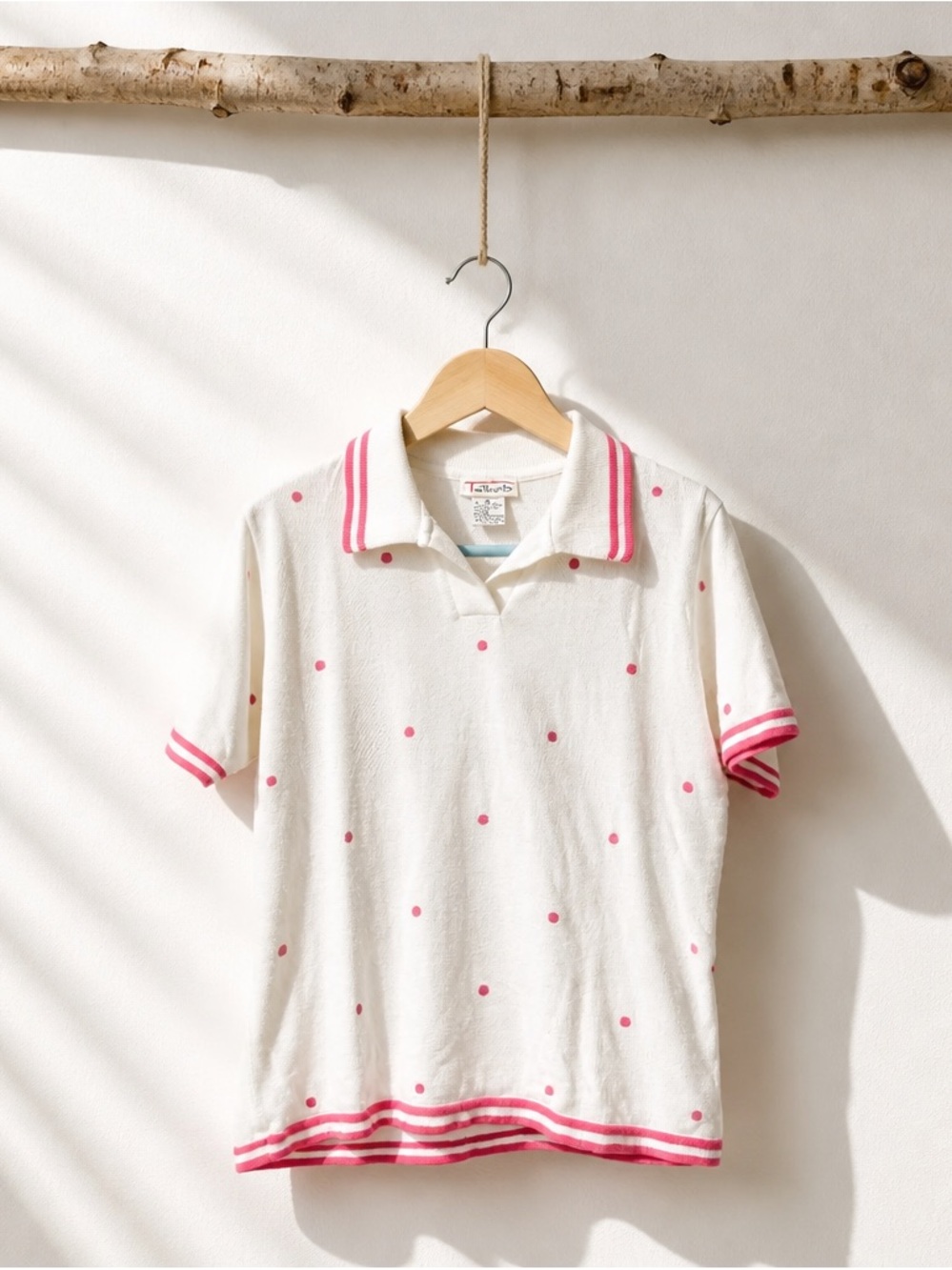 Vintage Talbots  White Polo Shirt with Pink Polka Dots
